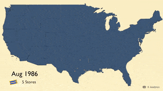 A map of the united states showing Blockbuster video locations over time.