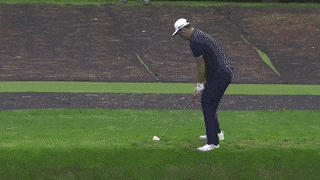 A golfer makes a hole in one by skipping the ball over water