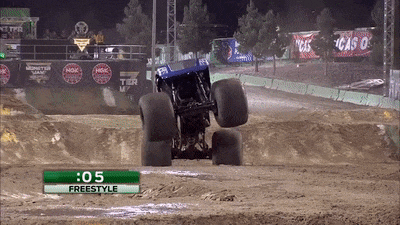 A monster truck does a front flip