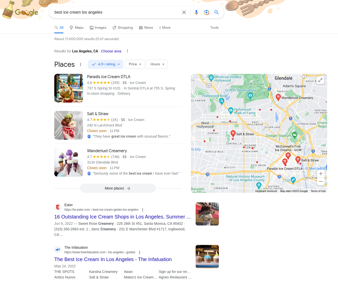 a screenshot of google search for best ice cream in Los Angeles