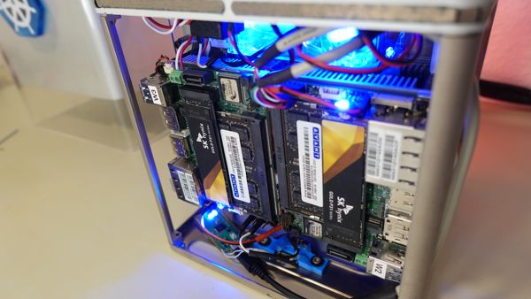 blue LEDs soldered on computers