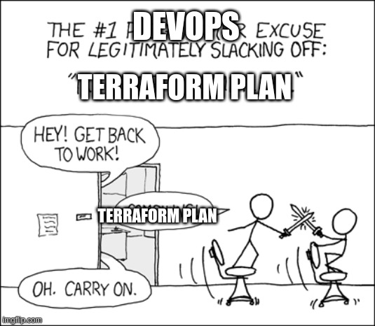 Cartoon of stick figures playing while terraform plan runs